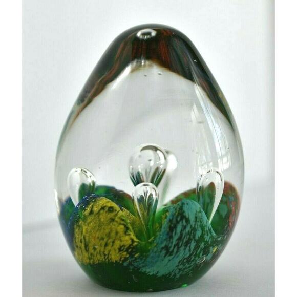 Egg Shaped Controlled Bubble Art Glass Paper Weight Green Red Crater Theme - Picture 7 of 12